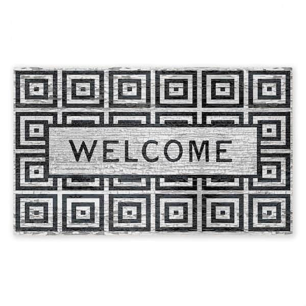 Door Mat Greek Key Border Monochromatic Palette Distressed Print