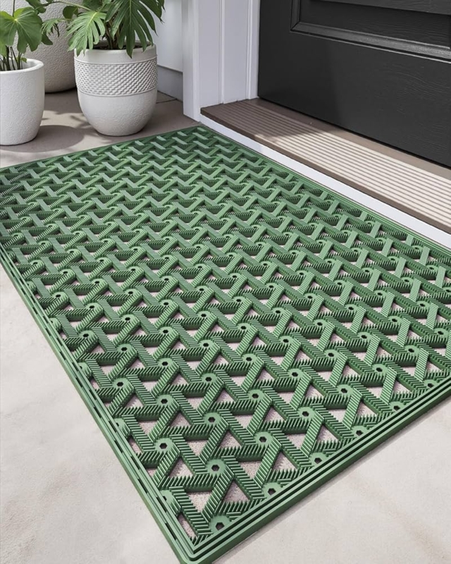Door Mat Interlocking Weave Sage Green Drainage Holes Functional