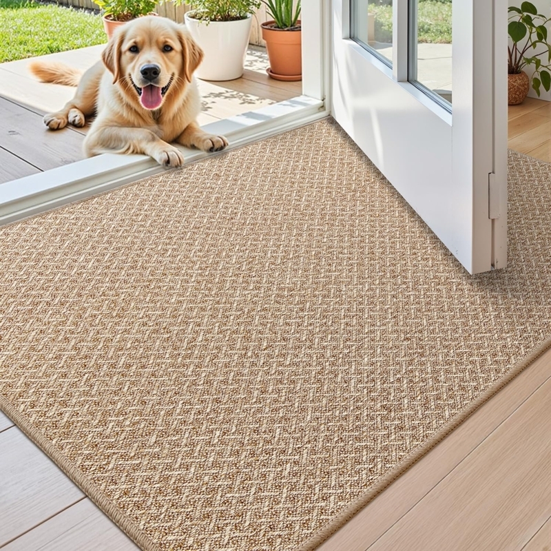 Door Mat Khaki Woven Diamond Texture Ultra Thin Low Profile Indoor