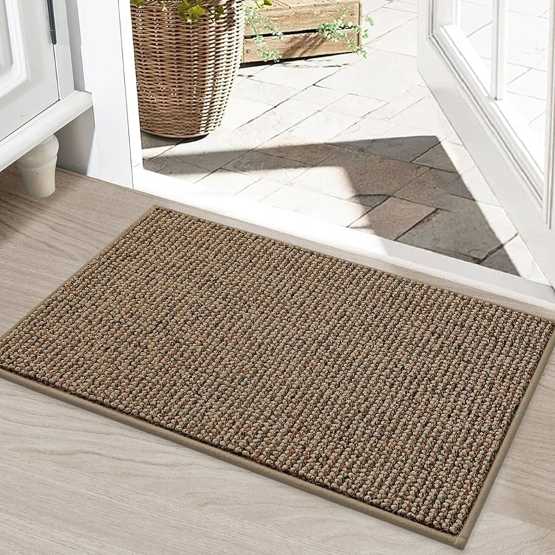 Door Mat: Low Profile Beige Ribbed Woven Texture Entryway Rug