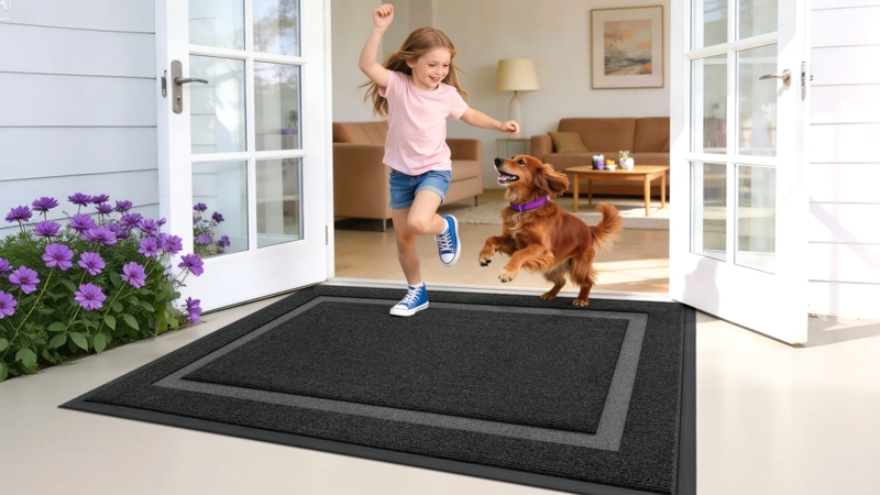 Door Mat Low Profile Charcoal Grey Border Design Entryway Rug