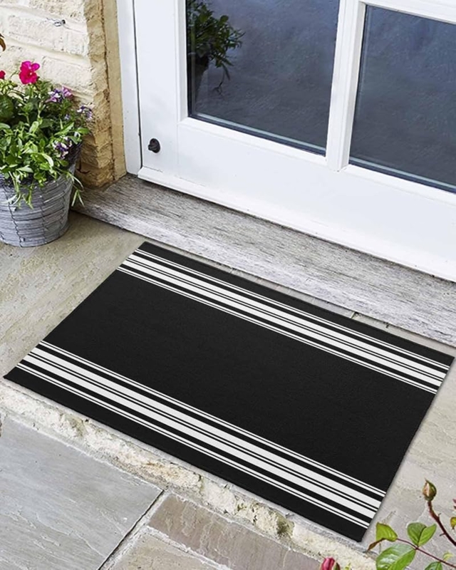 Door Mat Low Profile Monochrome Striped Pattern Front Door