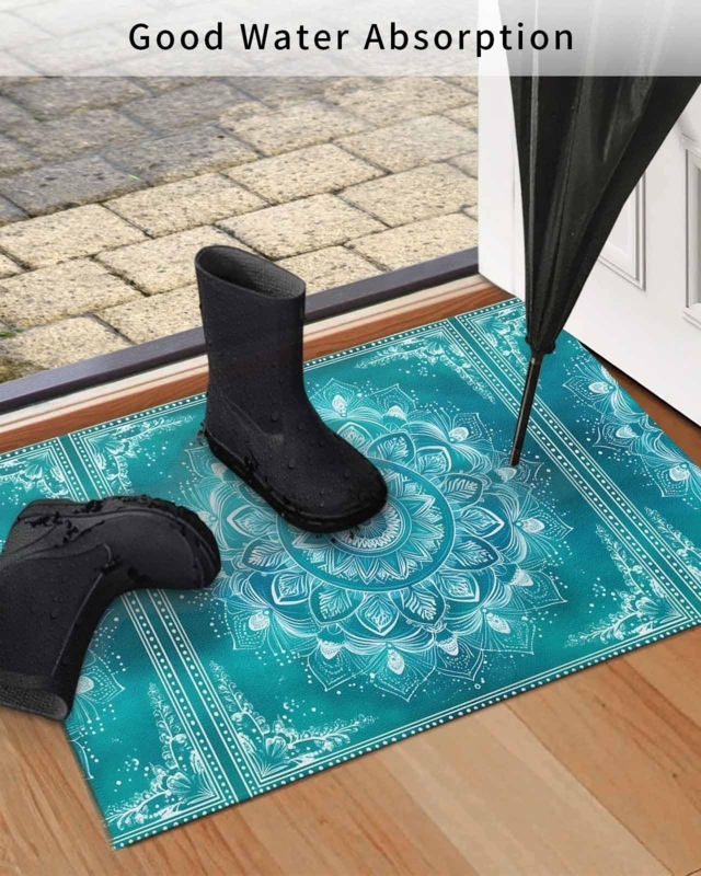 Door Mat Mandala Pattern Turquoise Global Inspired Low Profile