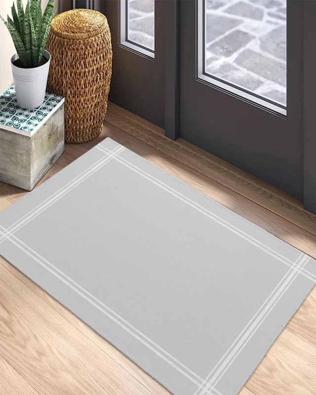 Door Mat Minimalist Light Gray Thin Grid Border Washable Rug