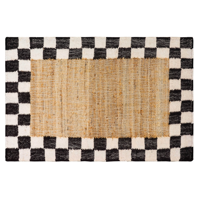 Door Mat Natural Jute Entry Rug Checkered Border Woven Whimsical Tan