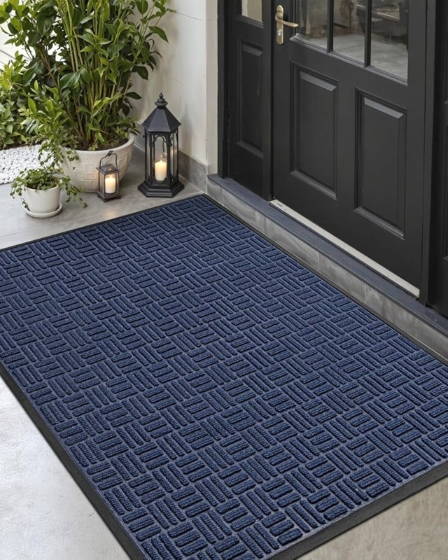 Door Mat, Navy Blue Basketweave Pattern, Low Profile, Non Slip