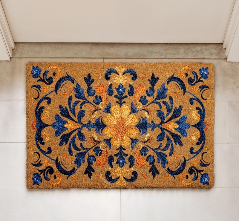 Door Mat Navy Blue Medallion Vintage Bohemian Coir Symmetrical Design