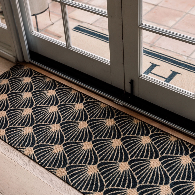 Door Mat Navy Blue Scalloped Floral Pattern Woven Low Profile