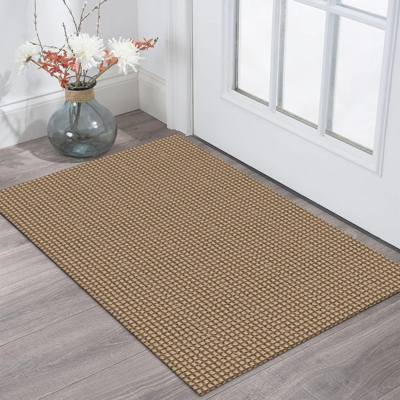 Door Mat Neutral Checkered Entryway Rug Low Profile Woven Tan