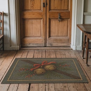 Door Mat Olive Green Jingle Bell Motif Rustic Farmhouse Holiday Print