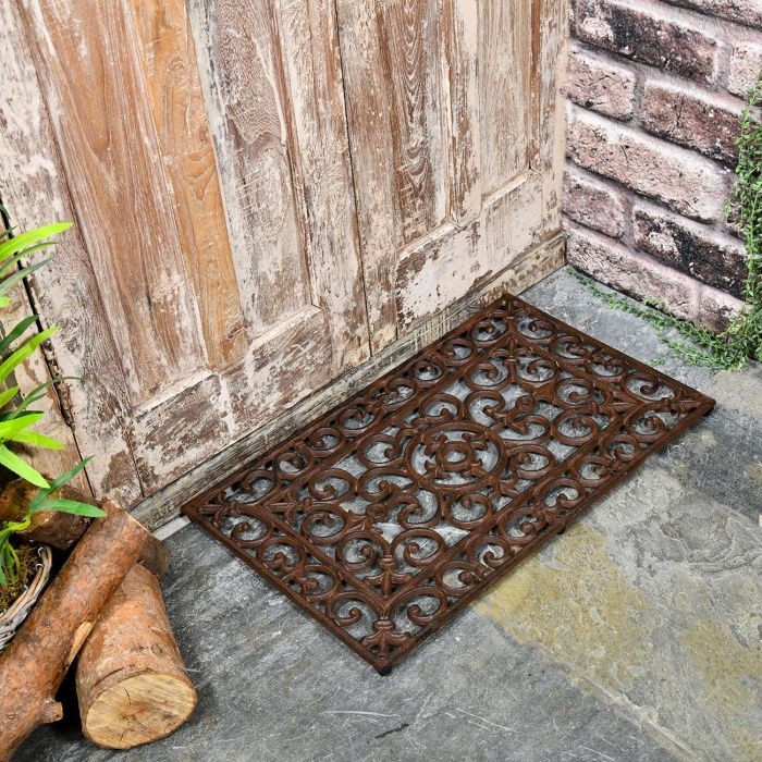 Door Mat Ornate Cast Iron Look Scrollwork Rustic Weathered Texture