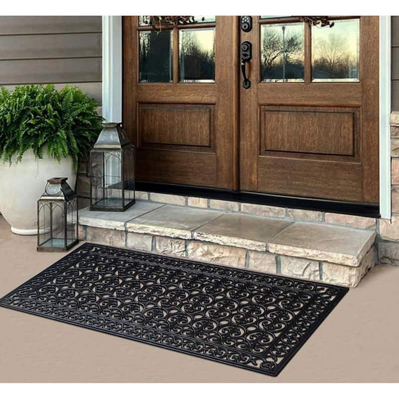 Door Mat Paisley Cutout Extra Wide Black Rubber Traditional Entry