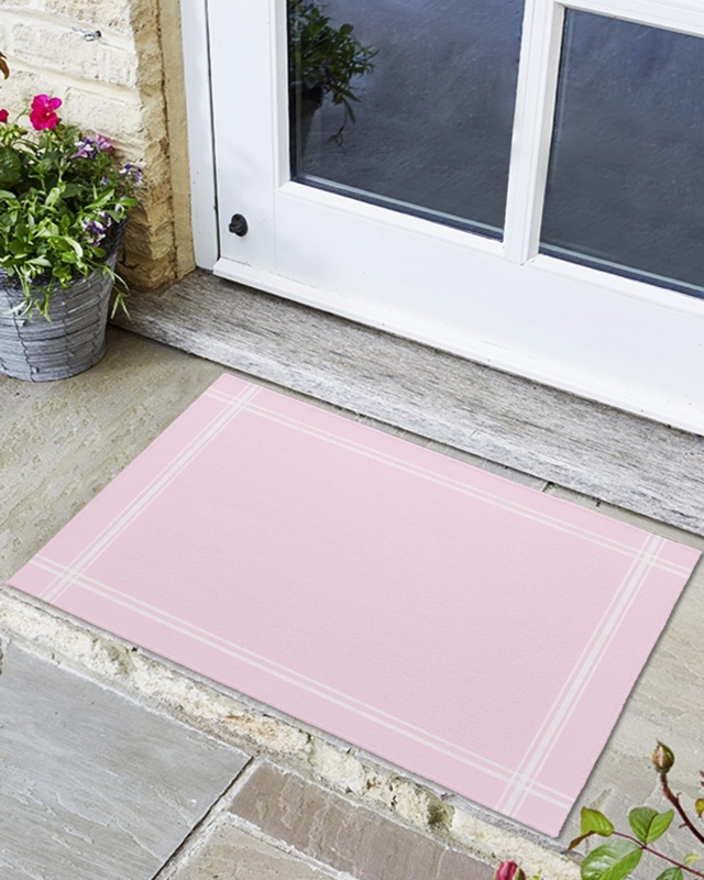 Door Mat Pink Solid Color Double Border Low Profile Entryway Decor