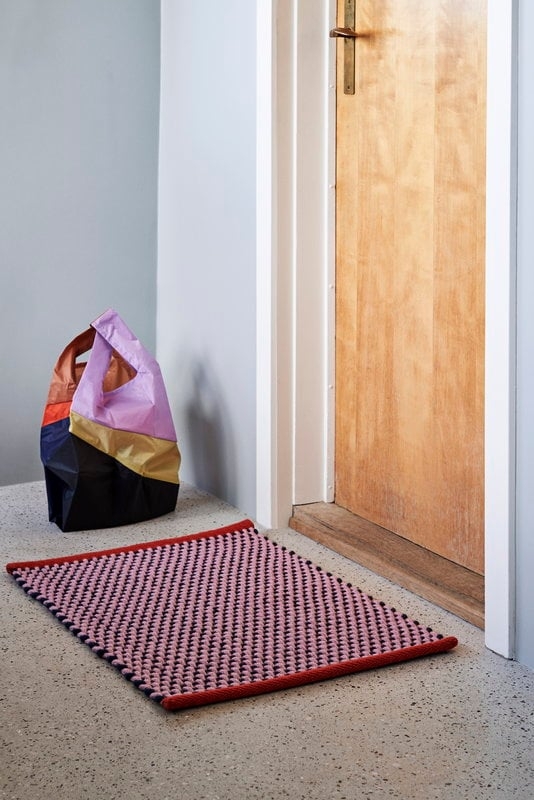 Door Mat Pink Woven Fabric Nubby Texture Red Contrast Border Modern