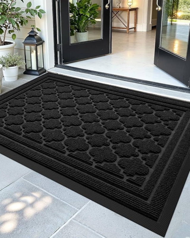 Door Mat Quatrefoil Pattern Black Low Profile Heavy Duty Outdoor