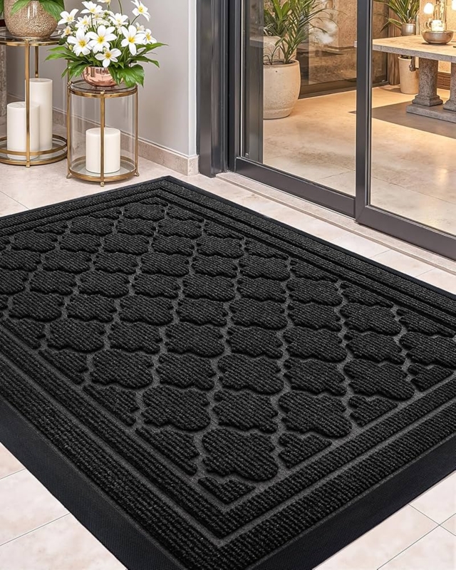 Door Mat Quatrefoil Pattern Raised Texture Black Entryway
