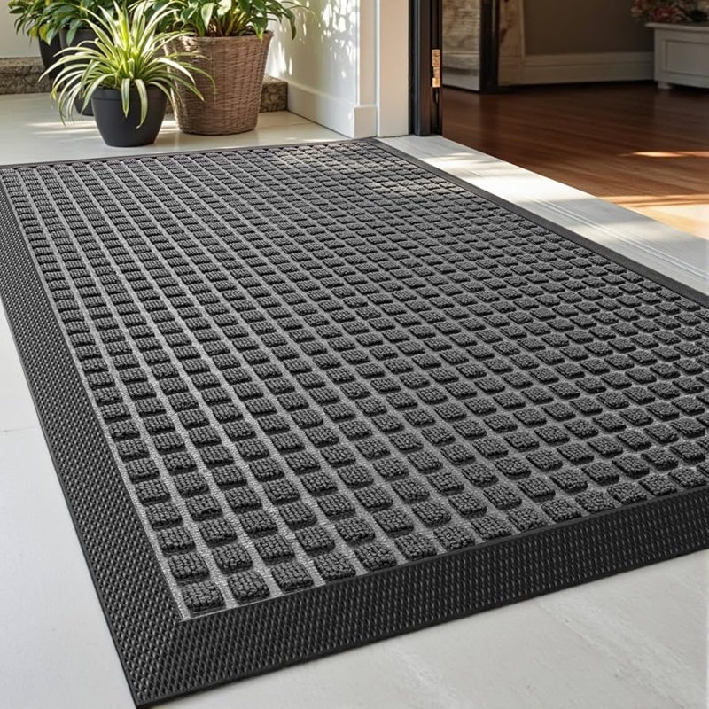 Door Mat Raised Square Grid Modern Charcoal Rubber
