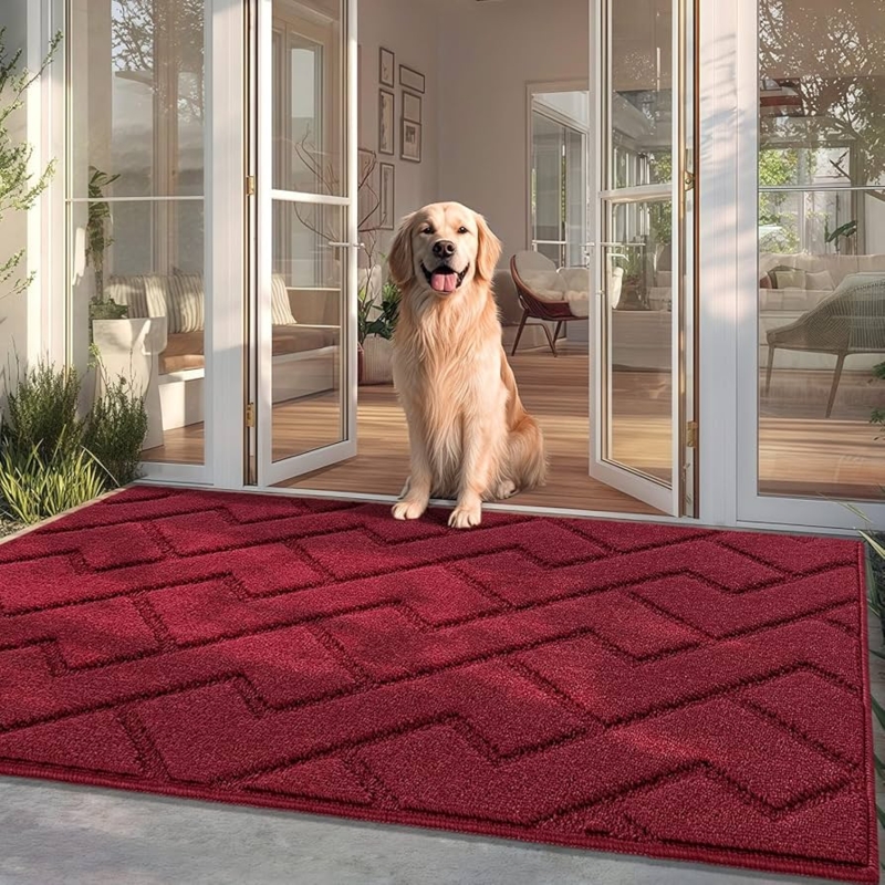 Door Mat Red Zig Zag Texture Low Profile Large Patio Entrance Rug