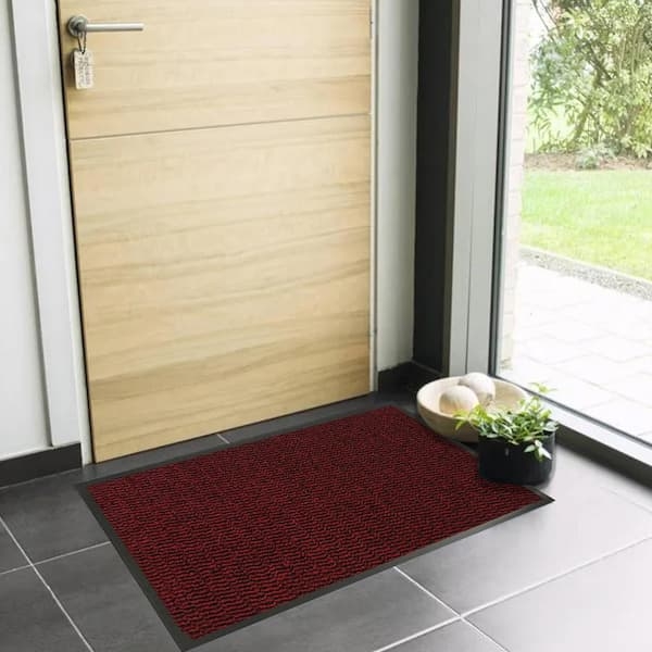 Door Mat Ribbed Surface Burgundy Rubber Border Large Entryway