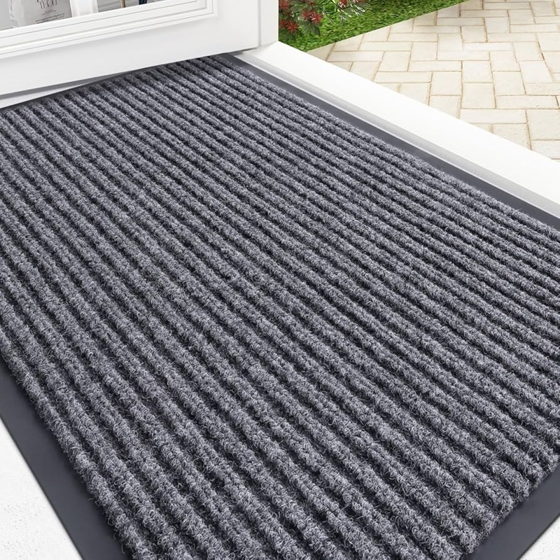 Door Mat Ribbed Surface Low Profile Grey Matte Finish Functional