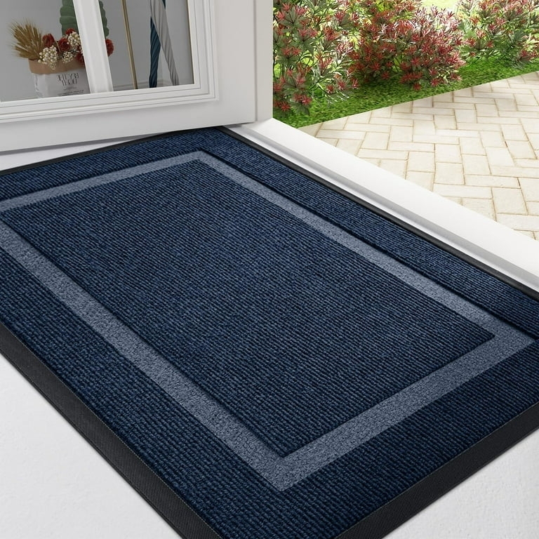 Door Mat Ribbed Surface Navy Gray Border Low Profile Functional