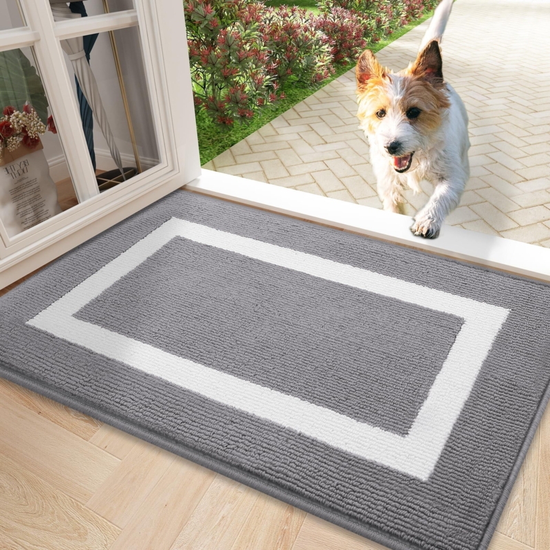 Door Mat Ribbed Texture Contrasting White Border Washable Rug