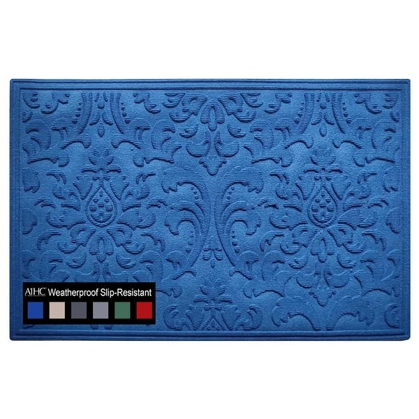 Door Mat Royal Blue Embossed Damask Pattern Non Slip Border