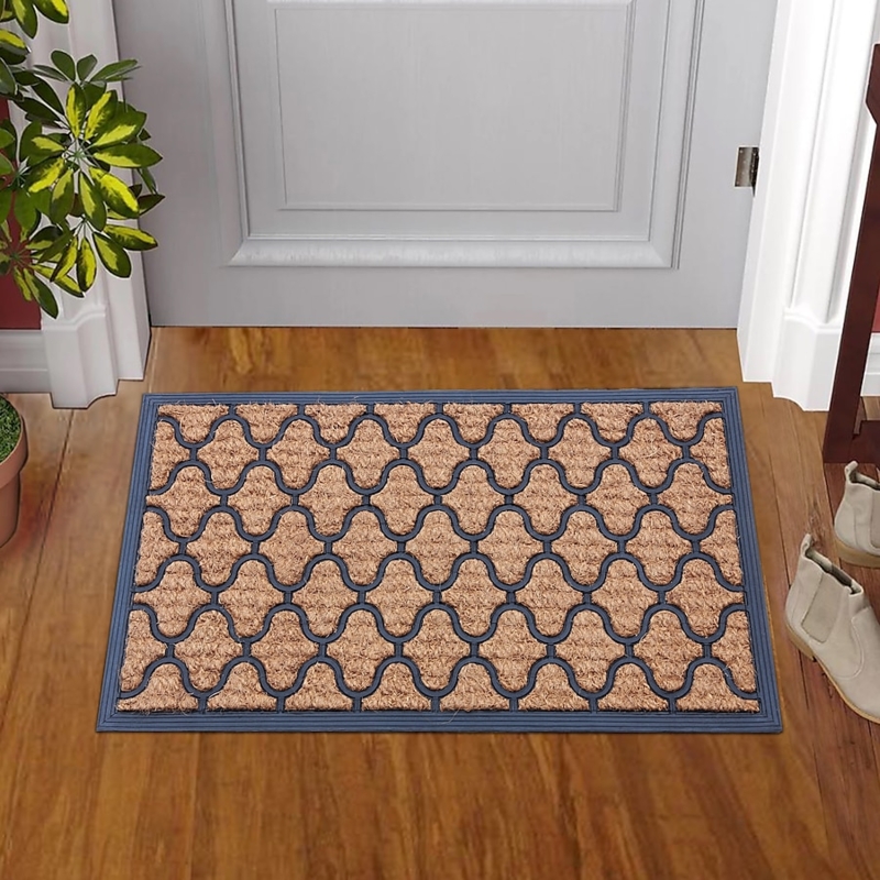 Door Mat Scalloped Lattice Indoor Navy Blue Border Natural Fiber