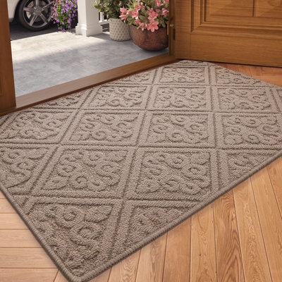 Door Mat Tan Scrollwork Patterned Raised Geometric Lattice Tufted