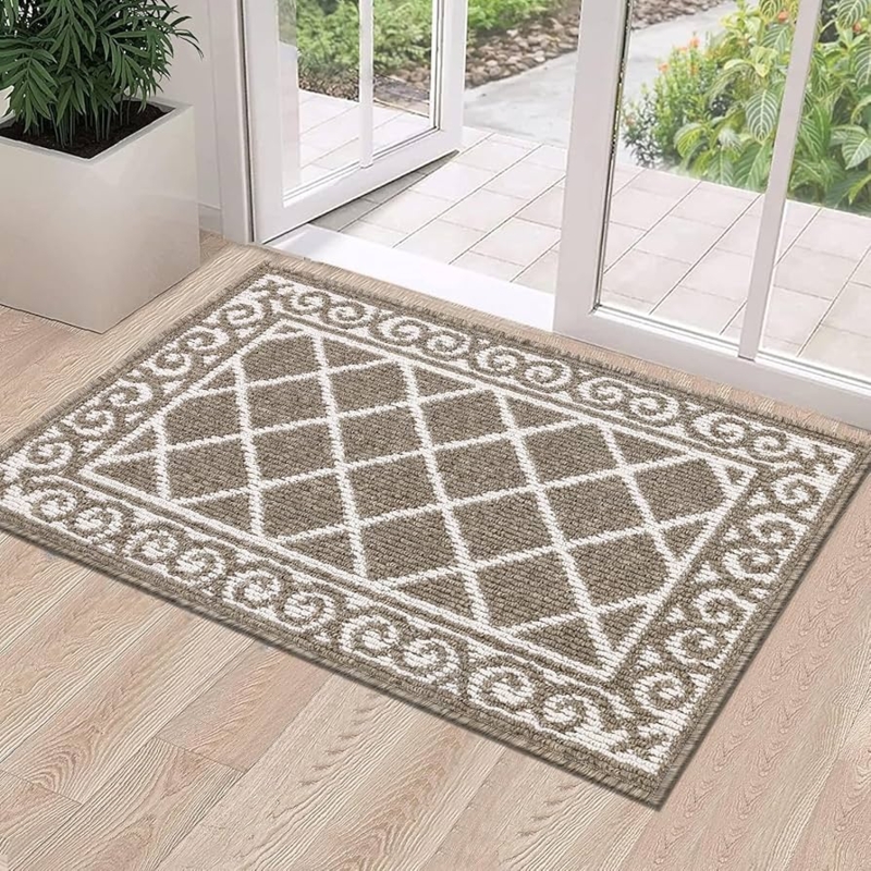 Door Mat Taupe Cream Scrollwork Border Diamond Lattice Transitional