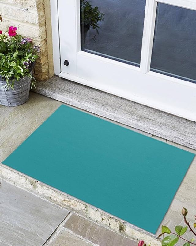 Door Mat Vibrant Aqua Color Low Profile Solid Minimalist Thin