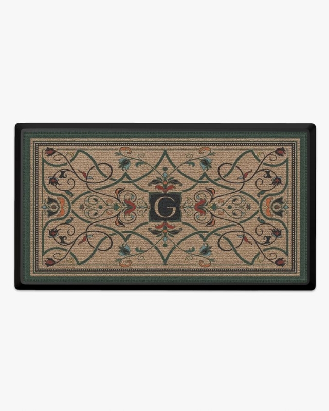 Door Mat Victorian Monogrammed Scrollwork Pattern Sage Green Border