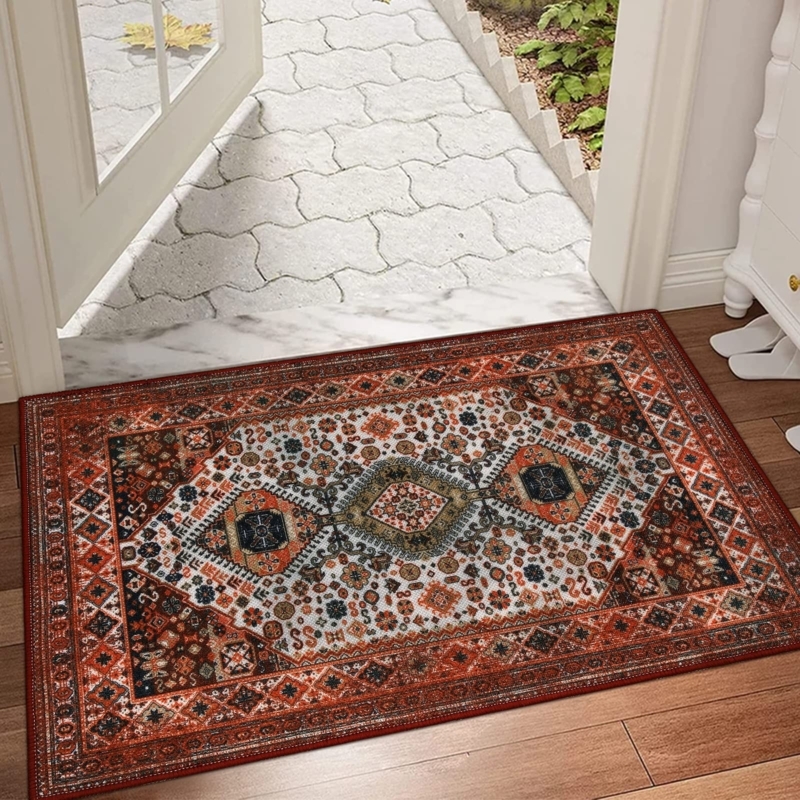 Door Mat Vintage Persian Style Rust Navy Intricate Pattern Low Pile