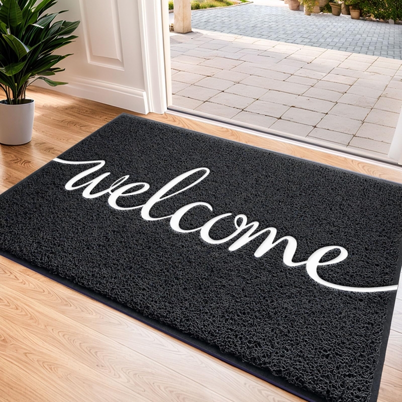 Door Mat White Script Welcome Low Profile Charcoal Farmhouse