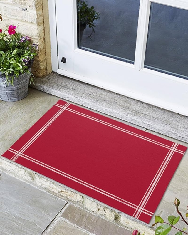 Door Mat White Triple Border Red Classic Traditional Entryway