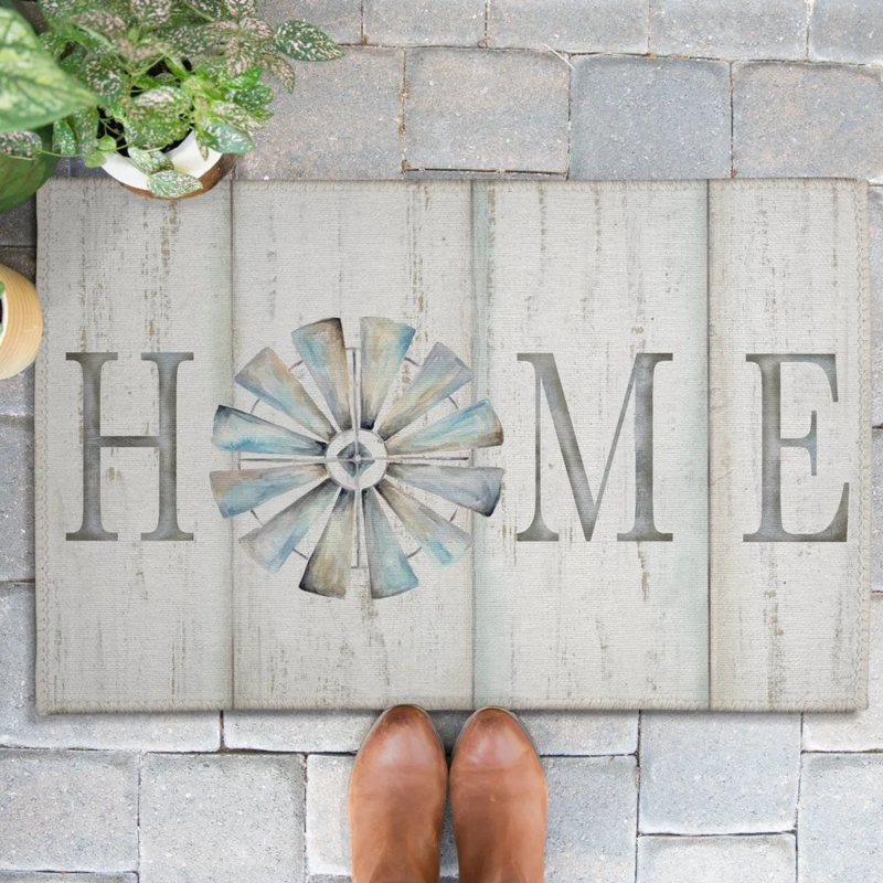 Door Mat Windmill Graphic Wood Plank Design Distressed Finish Farmhouse