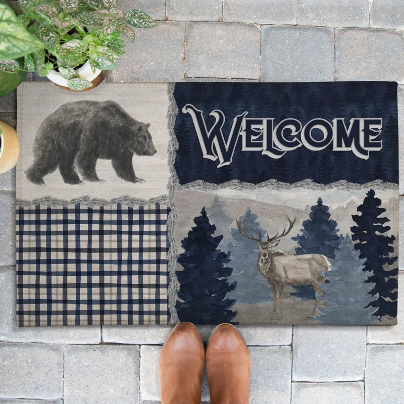 Door Mat with Multi Panel Graphic, Navy Plaid, Nature Inspired Motifs