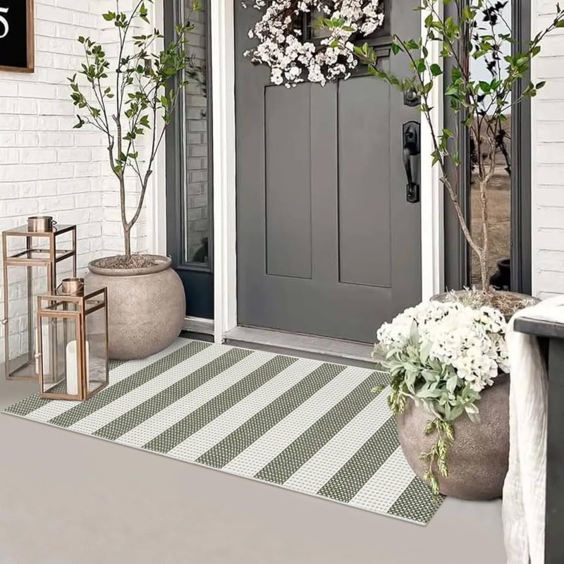 Door Mat, Woven Runner, Sage Green and White Stripes, Farmhouse
