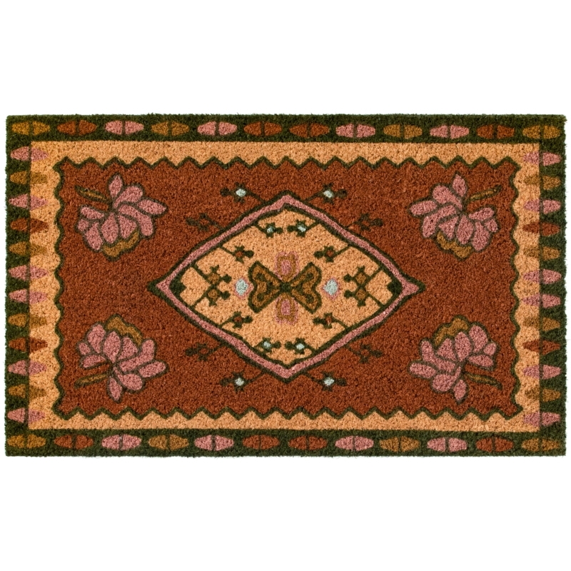 Doormat Antique Rug Style Rust Dark Green Serrated Border Floral