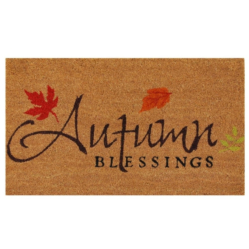 Doormat 'Autumn Blessings' Mixed Typography Colorful Leaf Motifs Coir