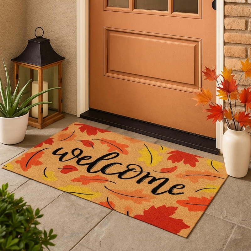 Doormat Autumn Maple Leaf Pattern Cursive 'Welcome' Script Rustic Coir