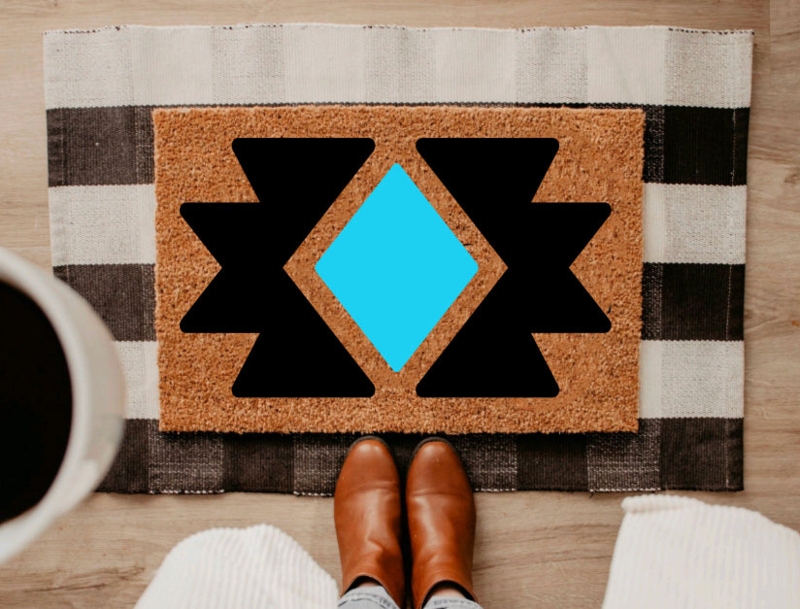 Doormat Aztec Design Coir Teal Diamond Accent Layered Styling Black