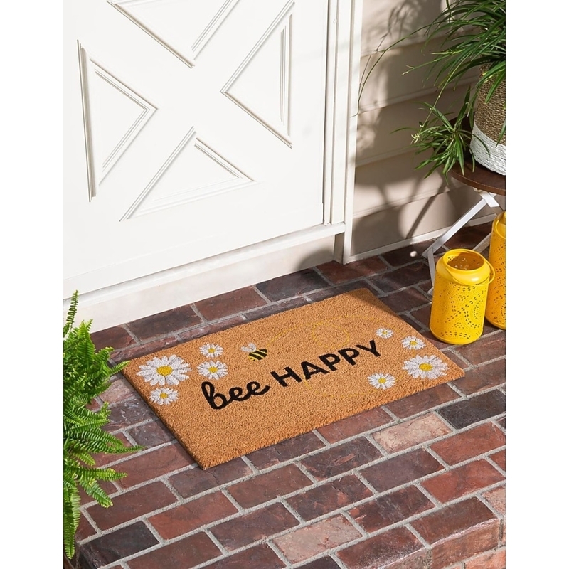 Doormat Bee Happy Coir Doormat Floral Pattern Daisy Border Tan Yellow