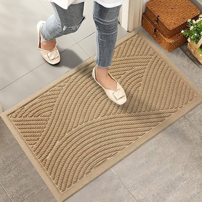 Doormat Beige Raised Geometric Ribs Low Profile Absorbent Mudroom Mat