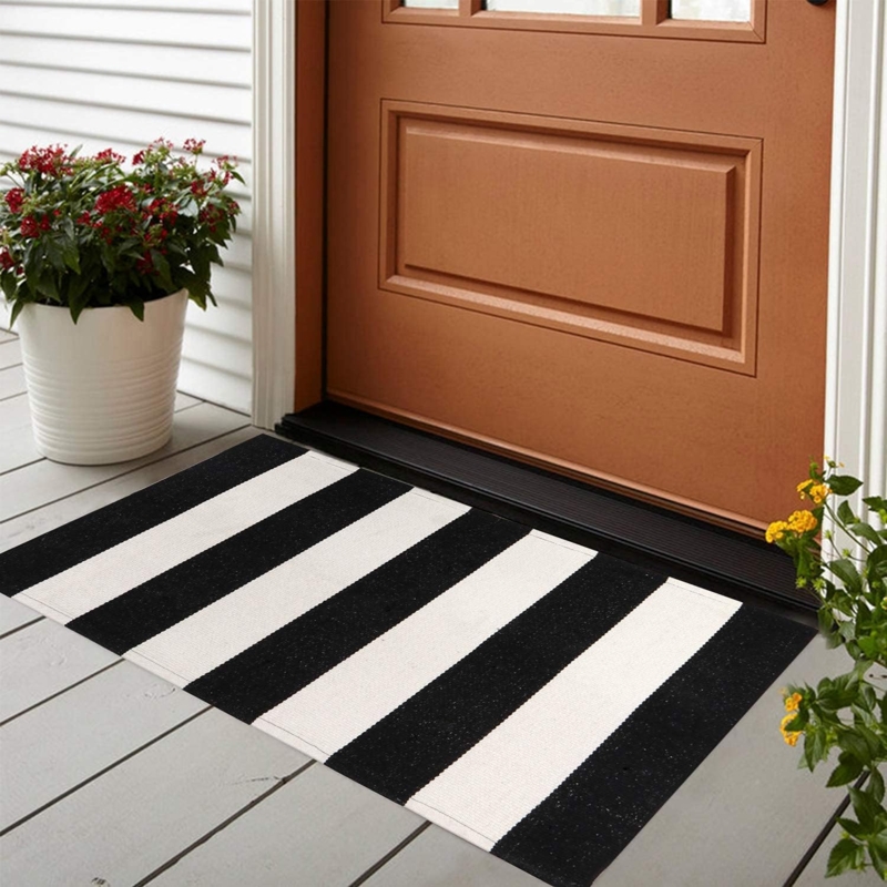 Doormat Black and White Striped Bold Stripes Woven Modern Farmhouse