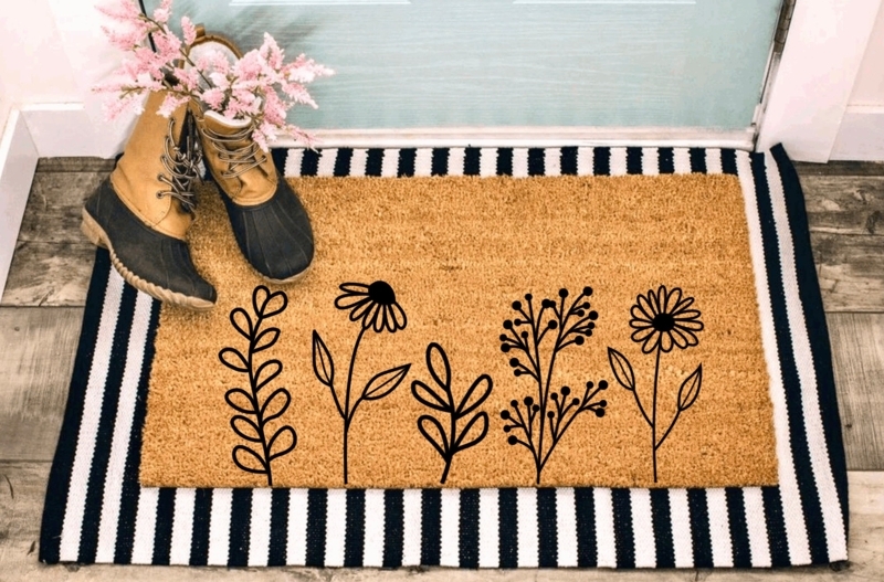 Doormat Black Floral Silhouette Print Coir Modern Farmhouse Entryway