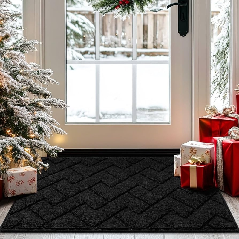 Doormat Black Herringbone Texture Low Profile Absorbent Entry Mat Festive