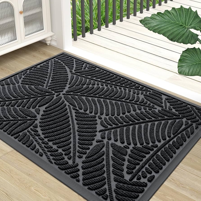 Doormat Black Leaf Pattern Nature Inspired Rubber Entrance Mat