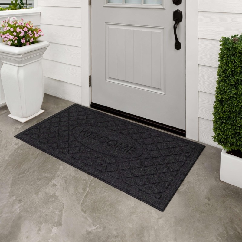 Doormat, Black Raised Diamond Grid, Welcome Text, Extra Wide