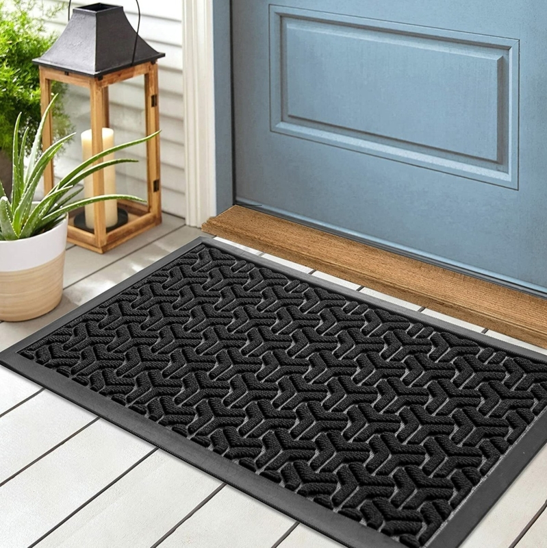 Doormat Black Tri-Star Relief All-Weather Geometric Rubber